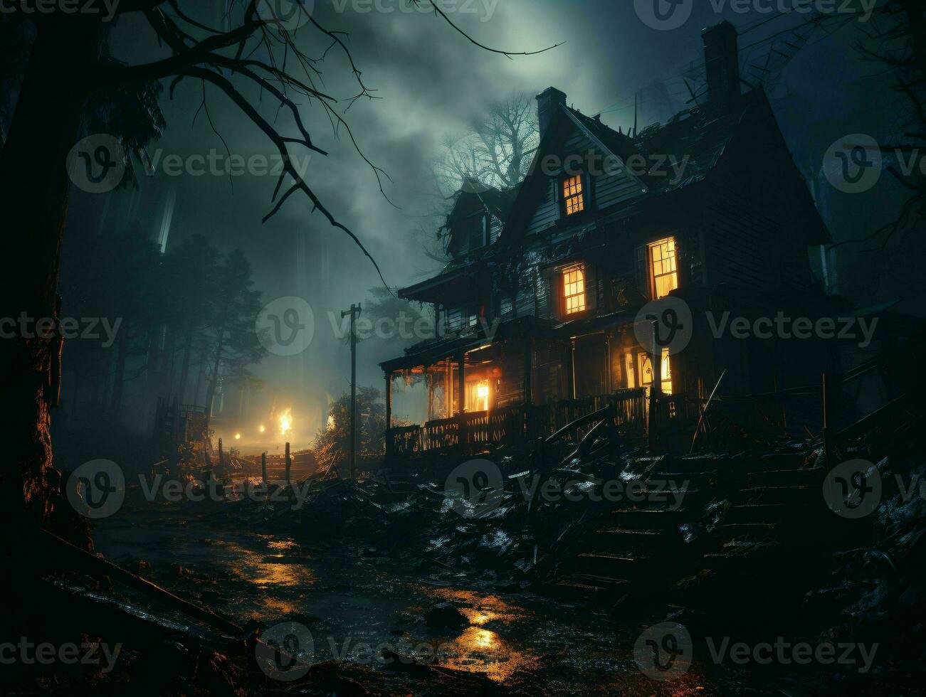 AI generated Scary House in the Forest with Spooky Trees. Horror Background. Generative AI photo