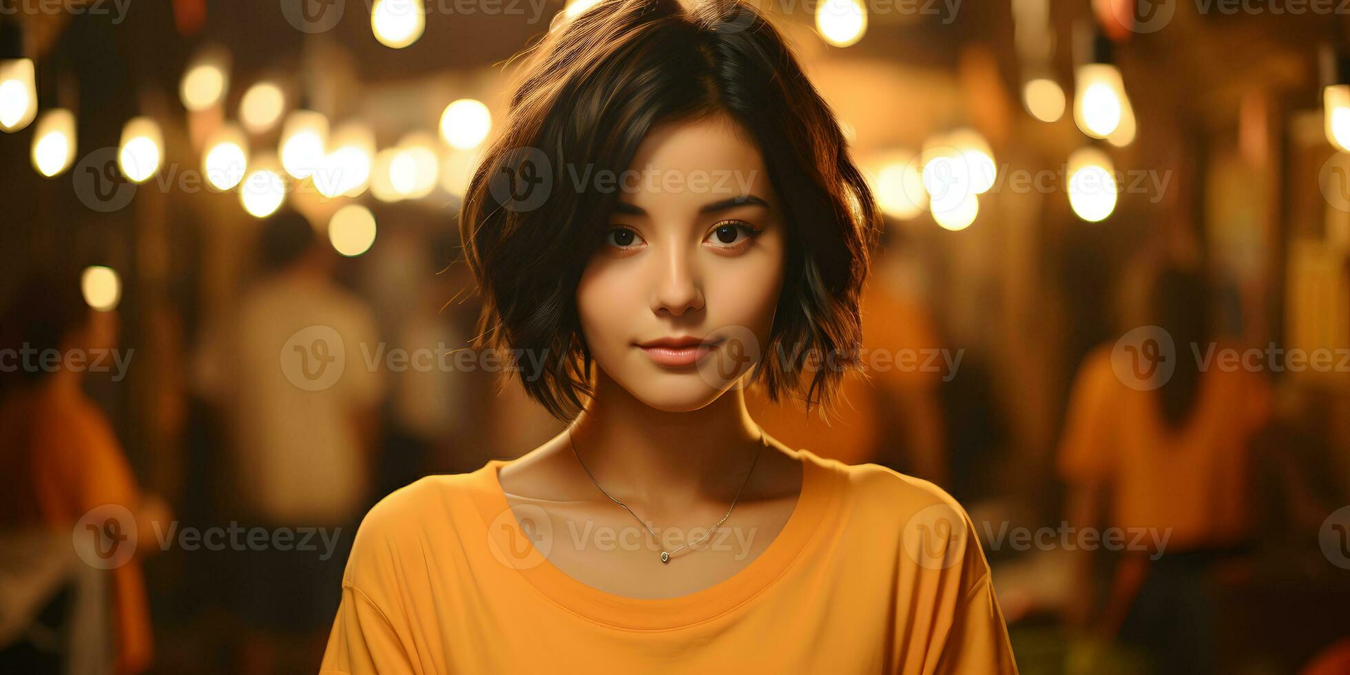 AI generated Portrait of Cute and Young Short Hair Asian Woman with Blurred Cafe Background. Generative Ai photo