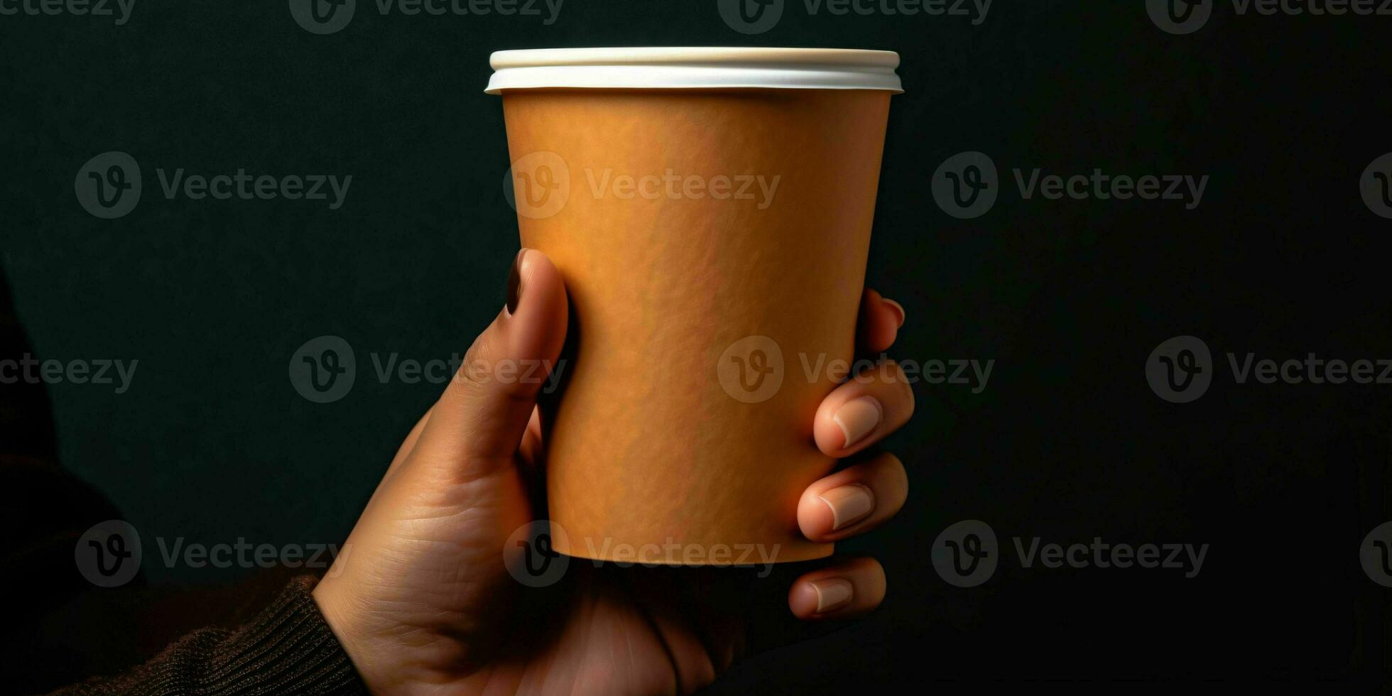 AI generated Female Hand Holding a Brown Coffee Paper Cup on Black Background. Elegant Coffee Cup Mockup. Generative AI photo