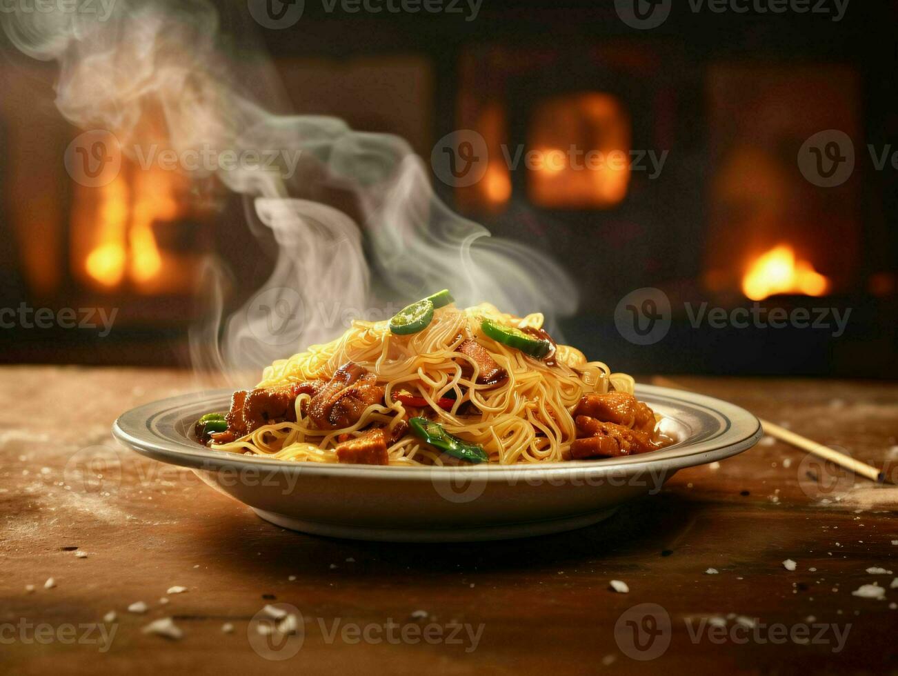 ai generado delicioso frito fideos con ahumado efecto en un de madera mesa. generativo ai foto