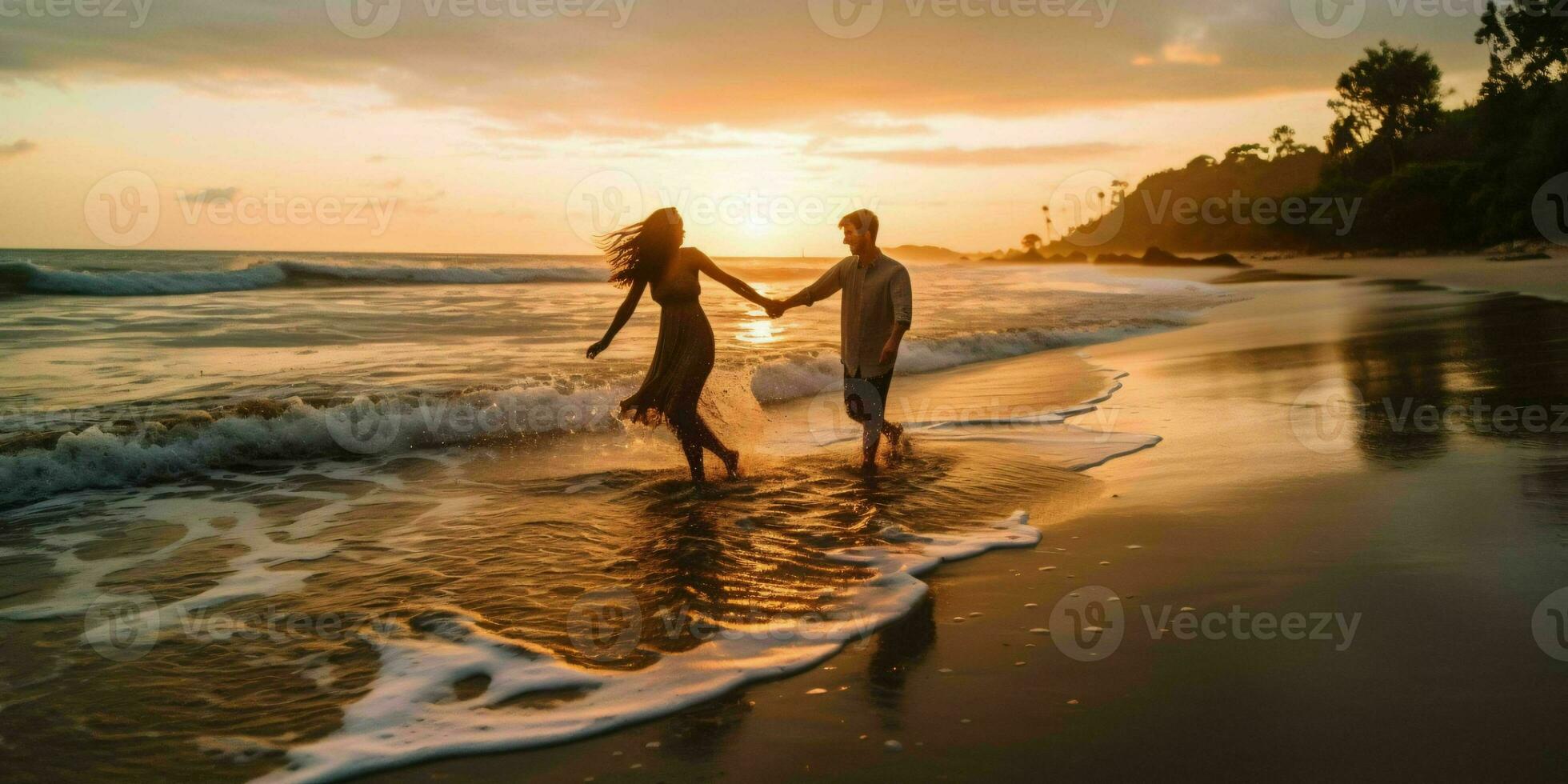 ai generado romántico Pareja sostener manos en el playa a puesta de sol. generativo ai foto