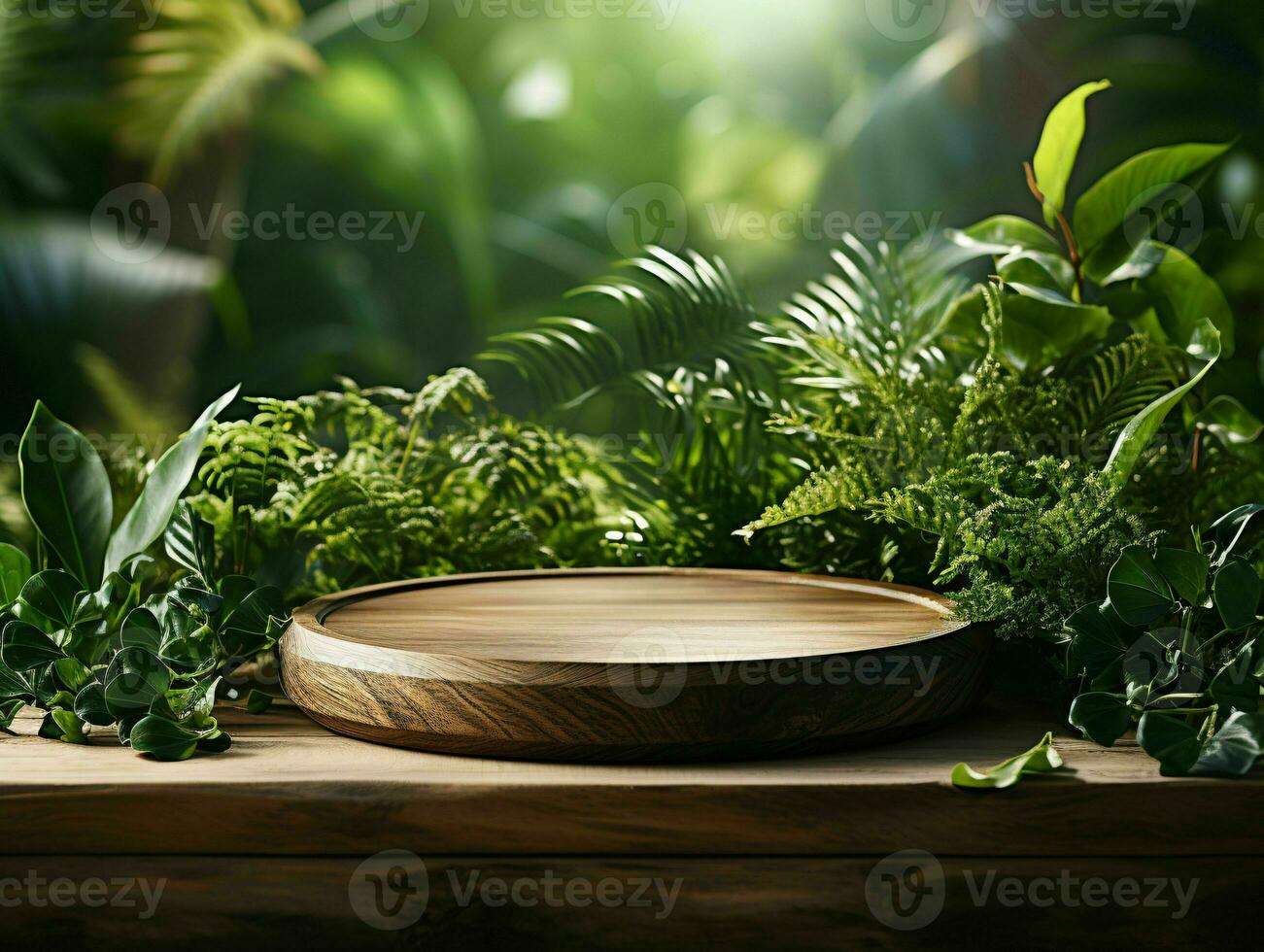 AI generated Wooden Product Display Podium with Nature Background. Natural Product Placement Pedestal Stand. Generative AI photo