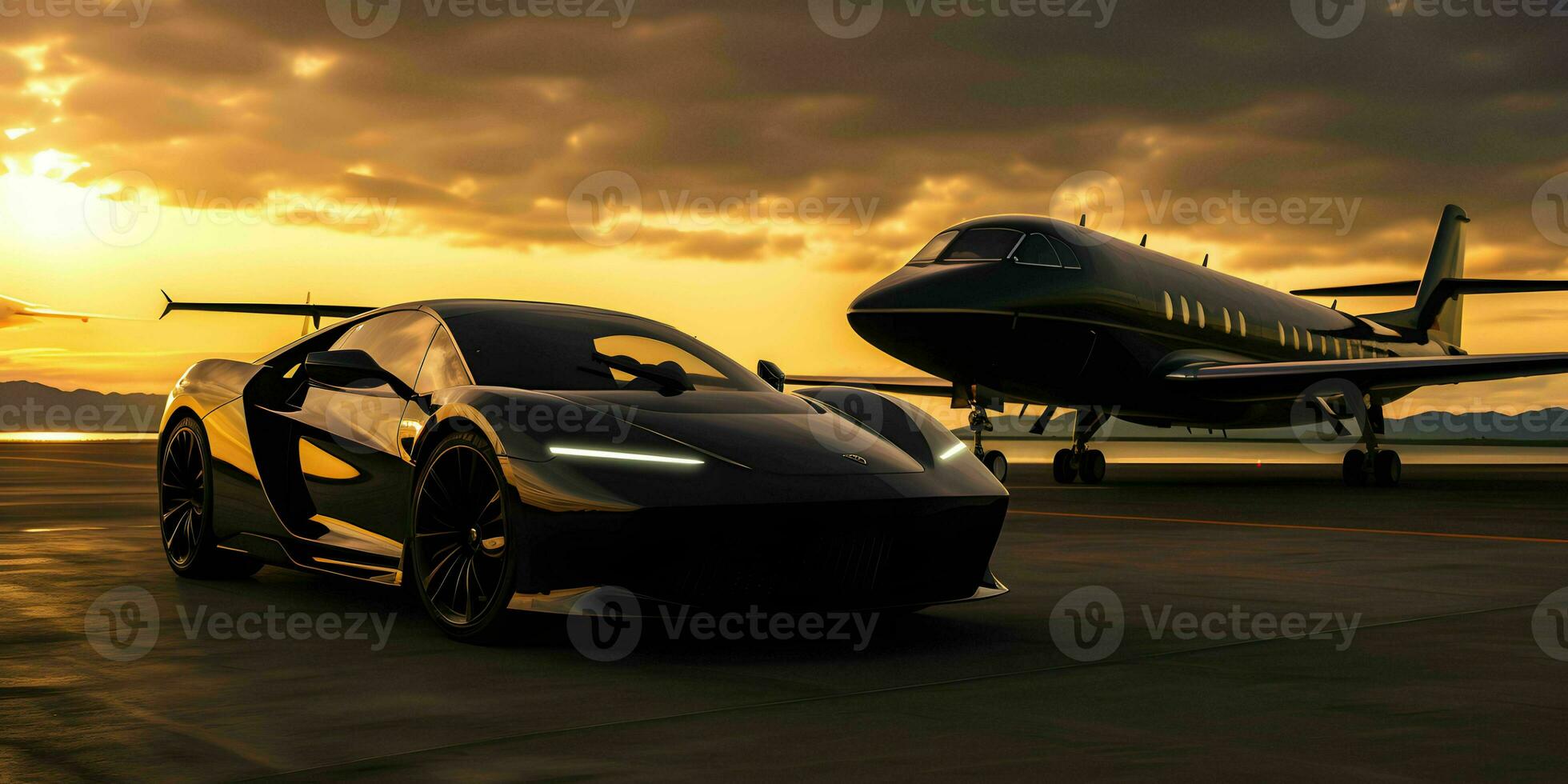 AI generated Luxury Car and Private Jet at the Airport. Business Class Service at the Airport. Generative AI photo