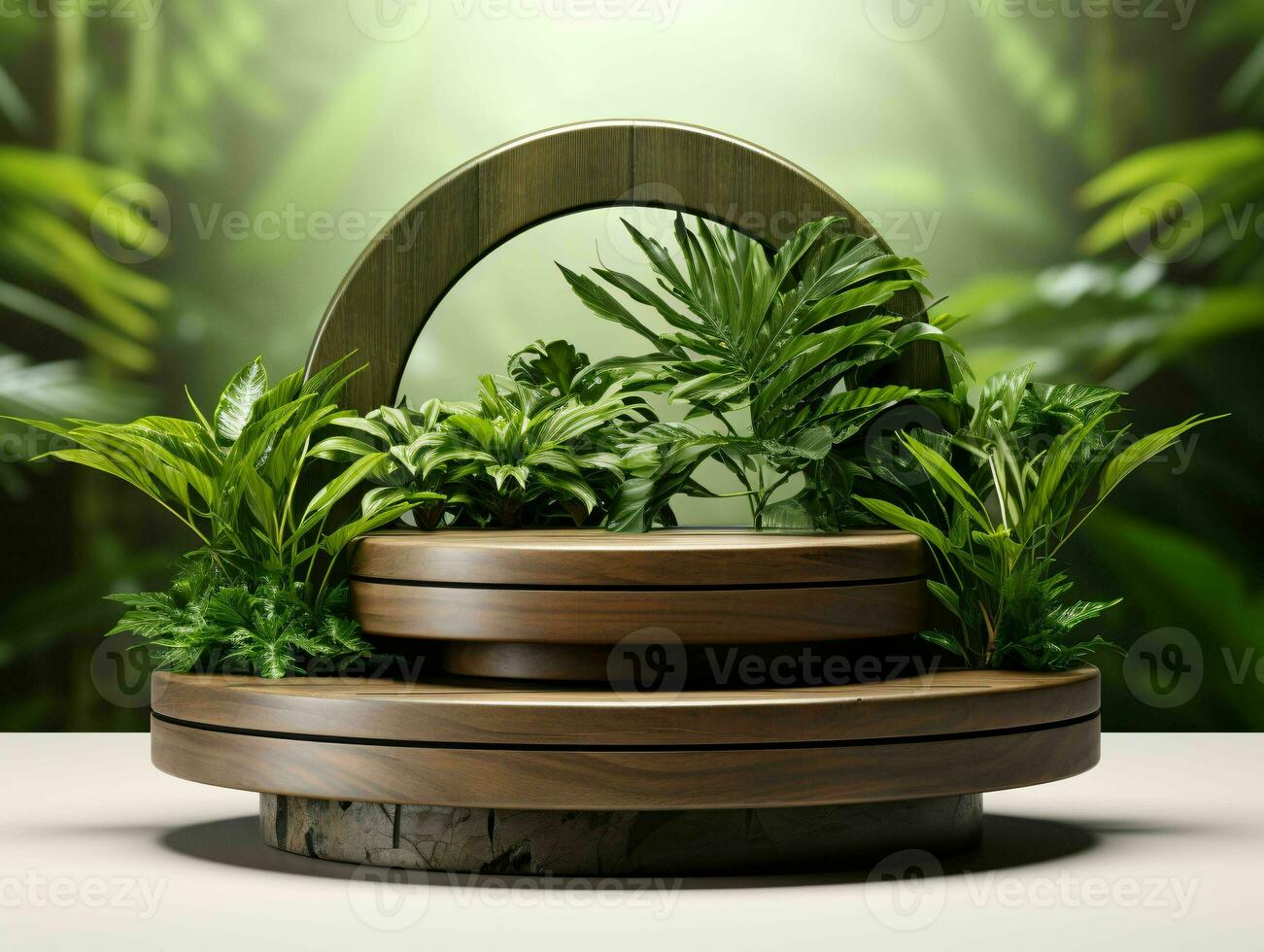 AI generated Wooden Product Display Podium with Nature Background. Natural Product Placement Pedestal Stand. Generative AI photo