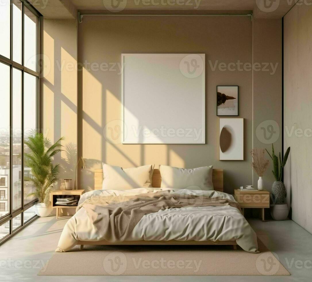 AI generated Minimalist Beige Bed Room Interior Design with Blank White Picture Frame Mockup. Generative AI photo