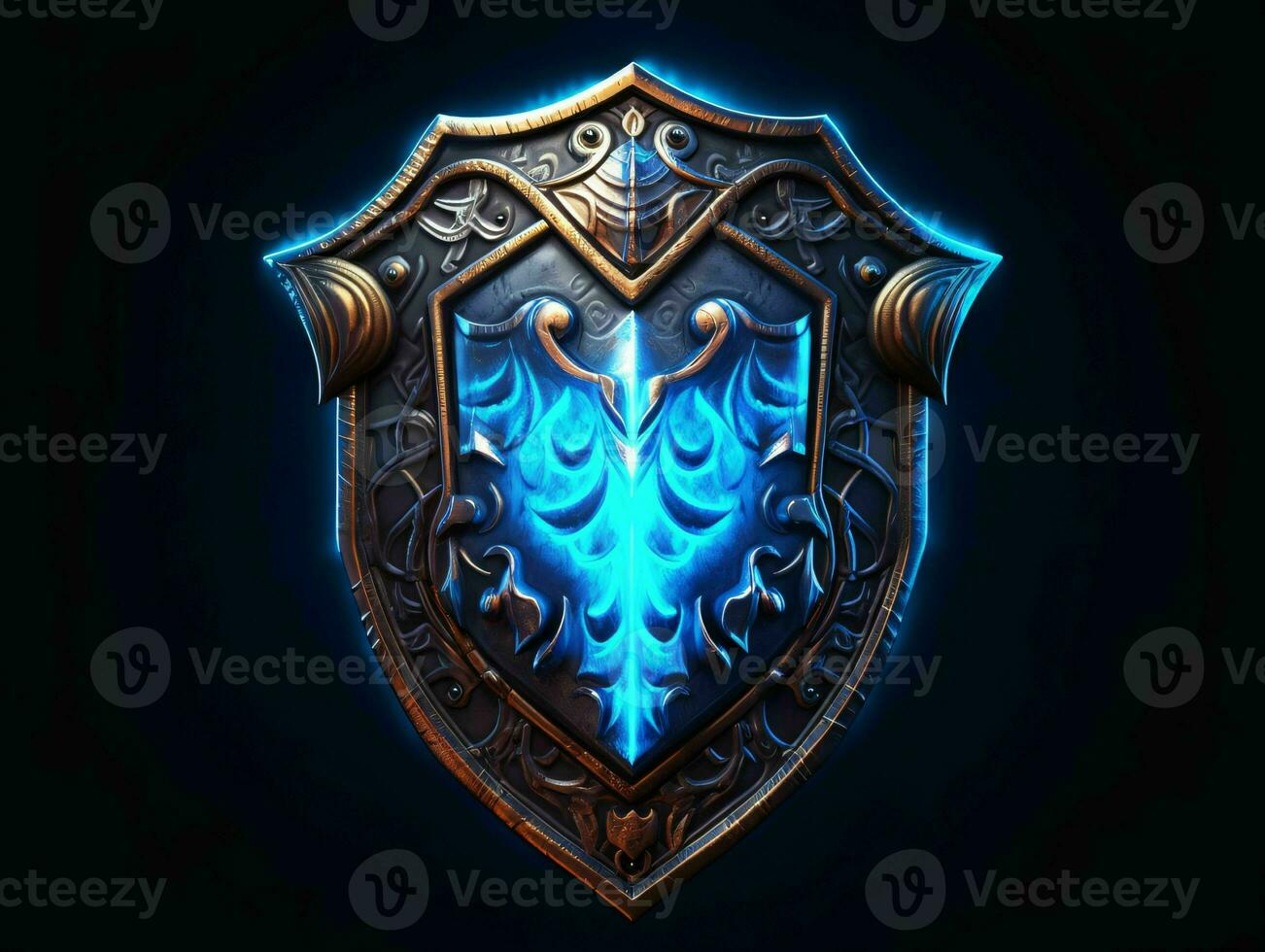 AI generated Fantasy Medieval Shield Isolated on Black Background. Shield with Game Style. Generative AI photo