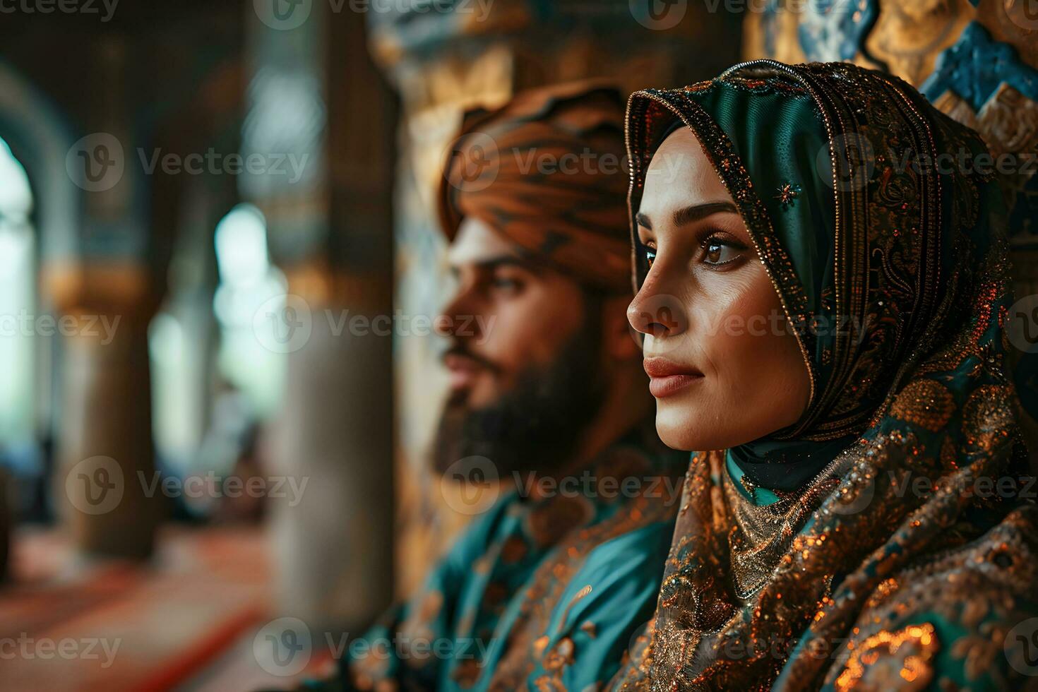 AI generated Muslim couple sitting in a mosque in traditional dress. Generative Ai photo