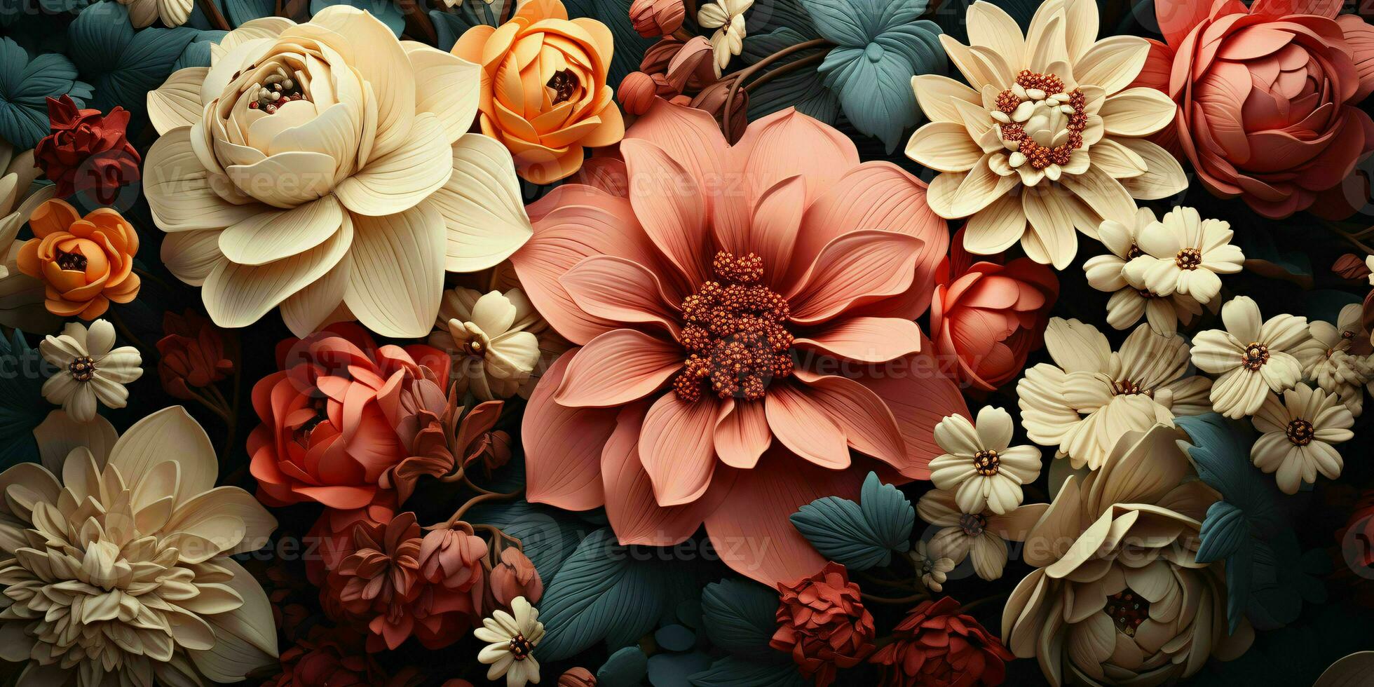AI generated Beautiful Blooming Flowers Illustration in Vintage Art Style. Exotic Floral Background. Generative AI photo
