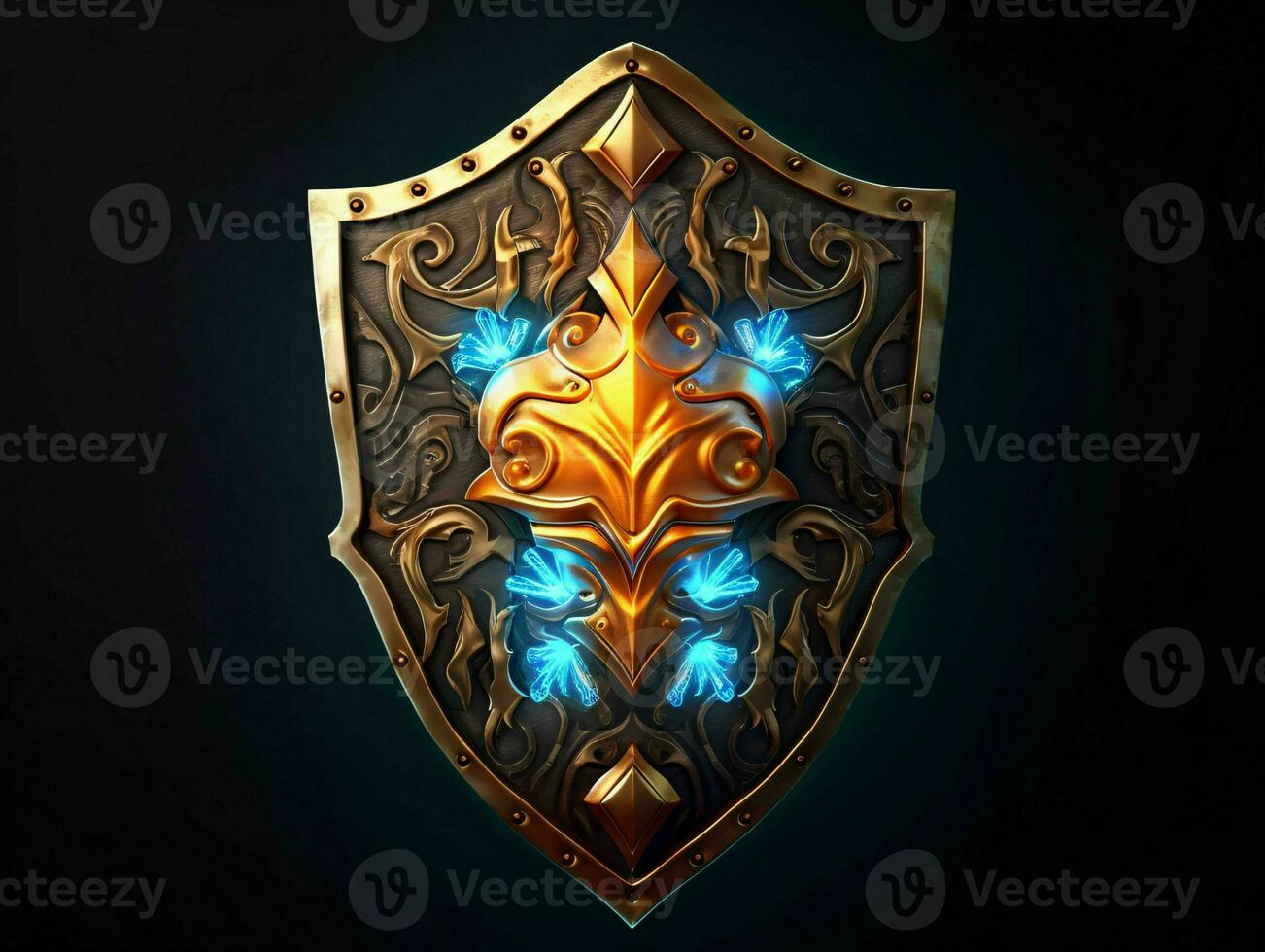 AI generated Fantasy Medieval Shield Isolated on Black Background. Shield with Game Style. Generative AI photo