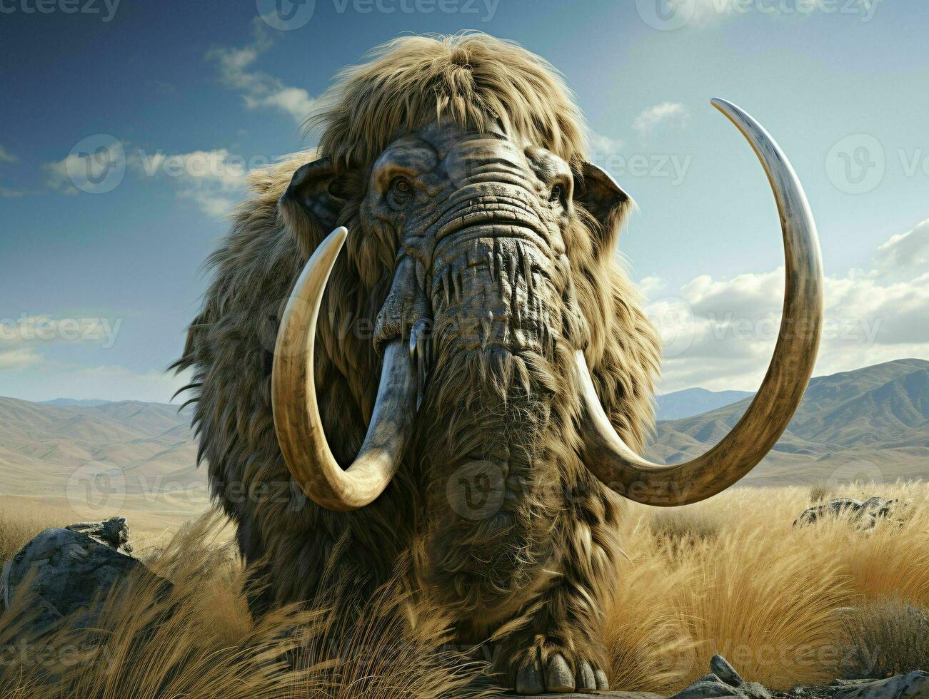 AI generated A Woolly Mammoth with Vast Pastures and Mountains Background. Generative AI photo