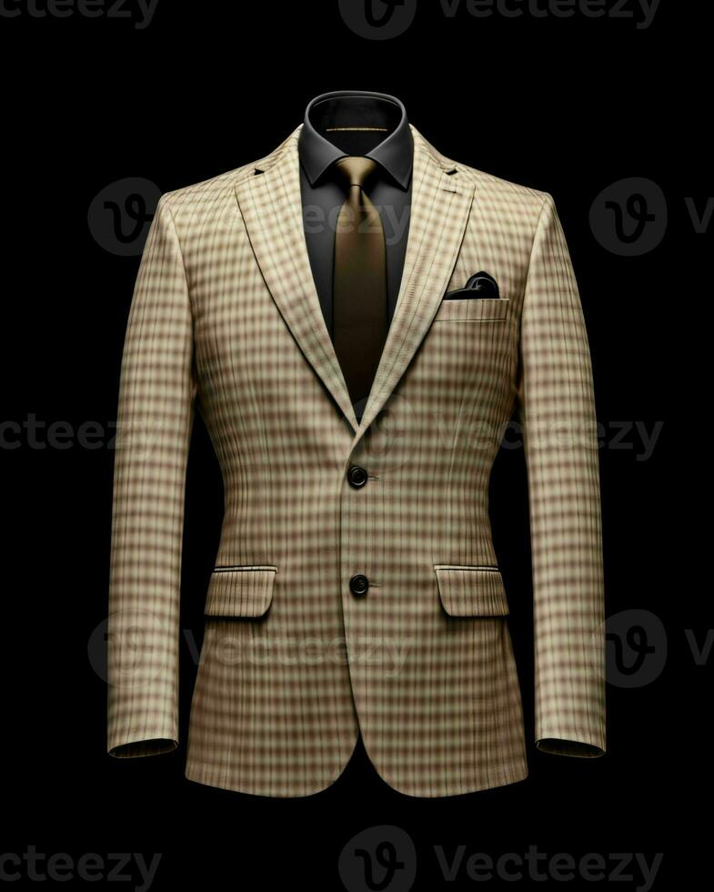 AI generated Elegant Beige Men's Suit with Gingham Motif Isolated on Black Background. Generative AI photo