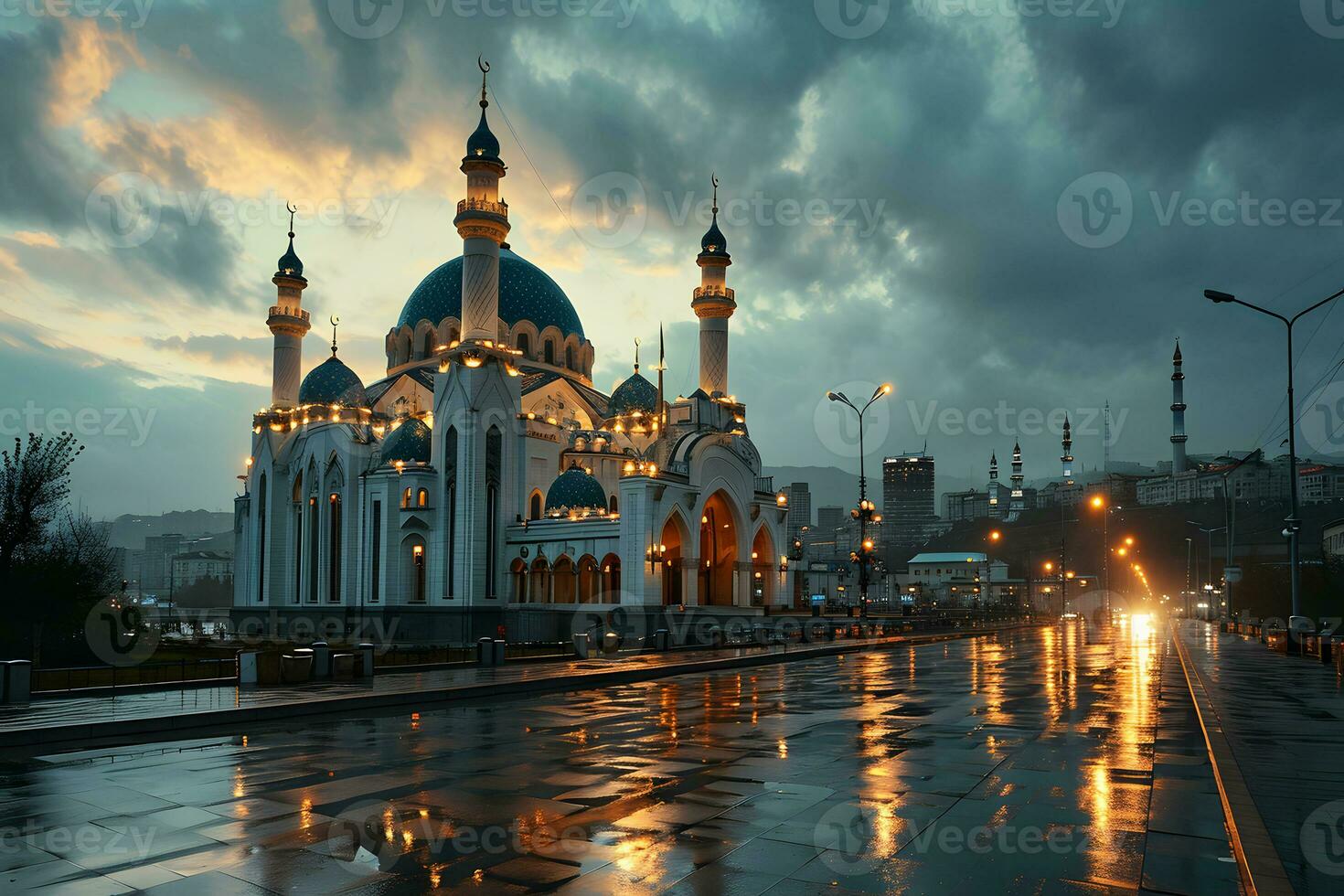AI generated Beautiful mosque with an atmosphere after the rain, in the afternoon. Generative AI photo