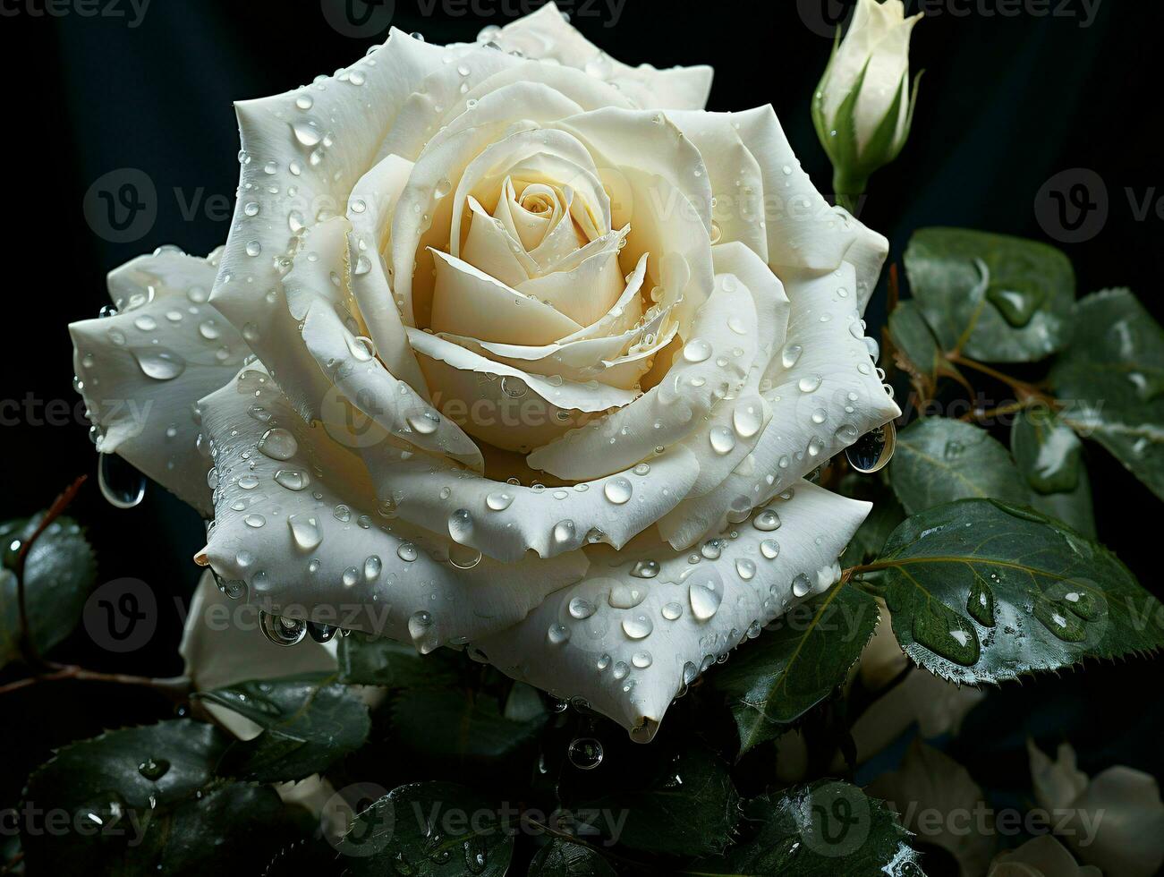 AI generated Blooming White Rose with Water Droplets on it Isolated on Black Background. Rose Close Up. Generative AI photo