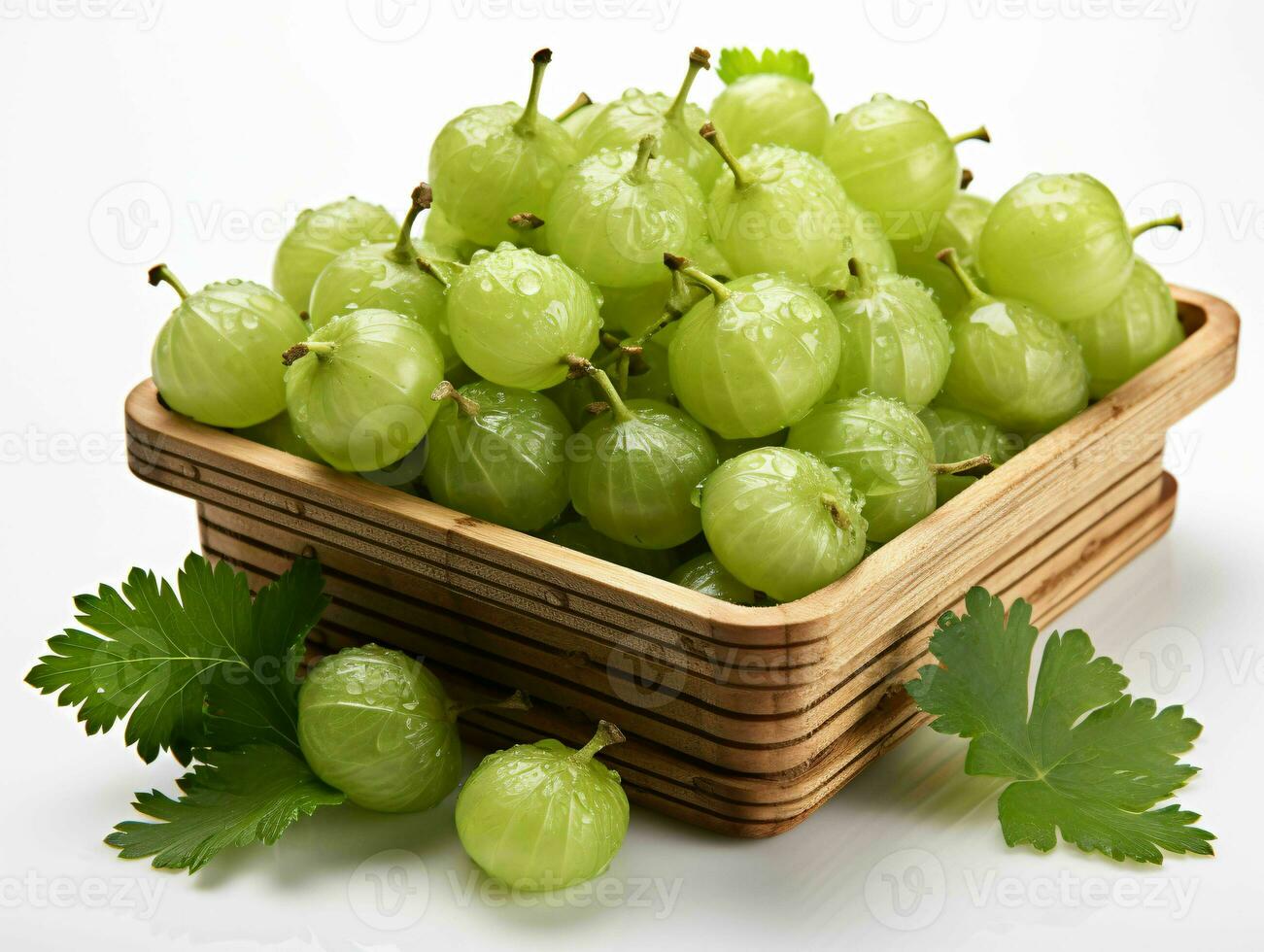 AI generated Fresh Ripe Green Gooseberries in Wooden Basket. Close up of Gooseberry. Generative AI photo