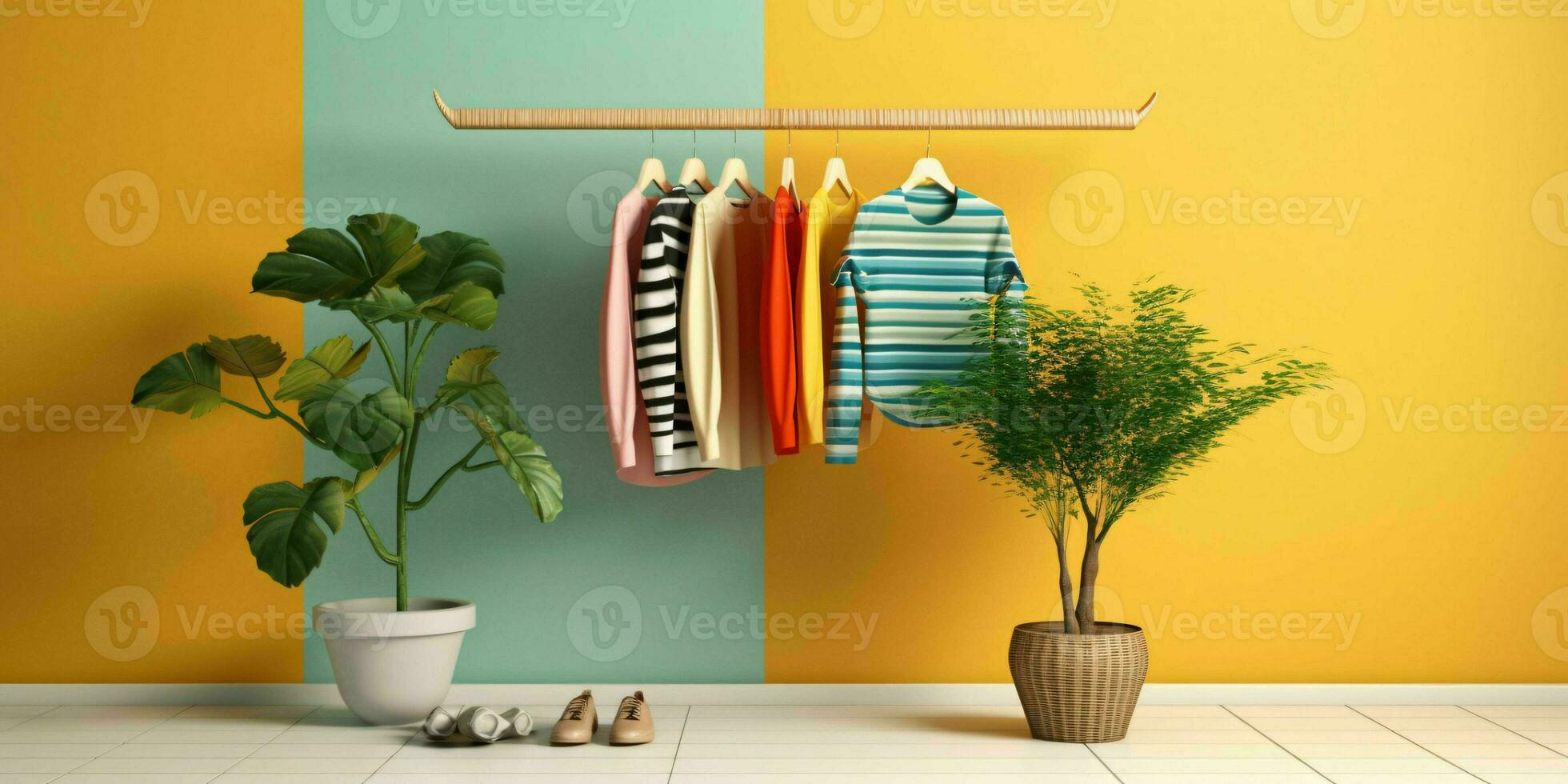 AI generated Fashionable Clothes on Hangers in a Minimalist Interior. Fashion Show Room Interior. Generative AI photo