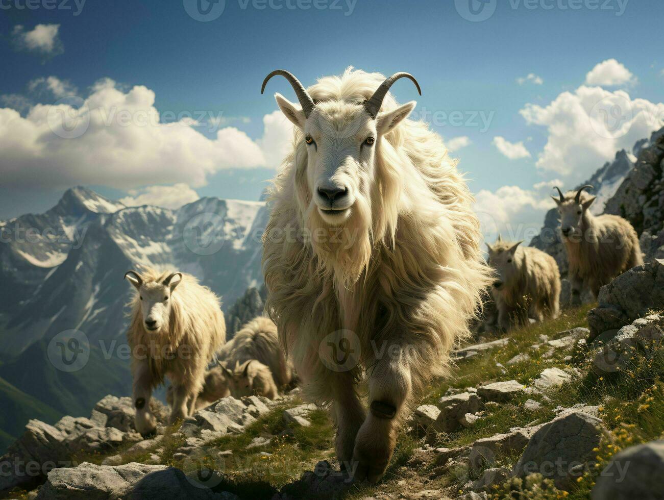 ai generado manada de montaña cabras en un rocoso colina. generativo ai foto