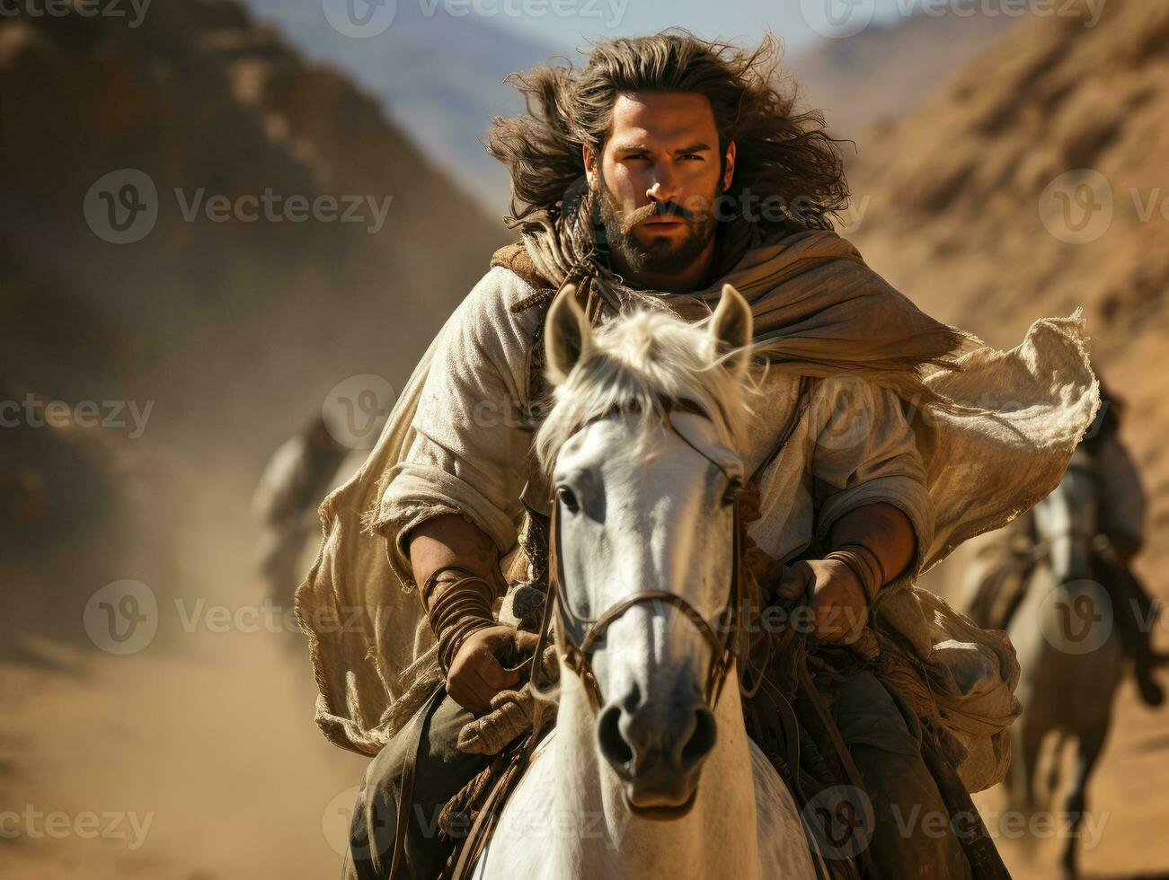 AI generated Middle Eastern man riding a horse in the desert. Arabian man riding horse. Generative AI photo