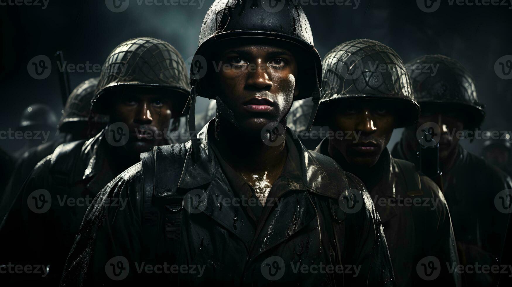 AI generated Portrait of a Soldier in a War Zone. Man in Battle. Generative Ai photo