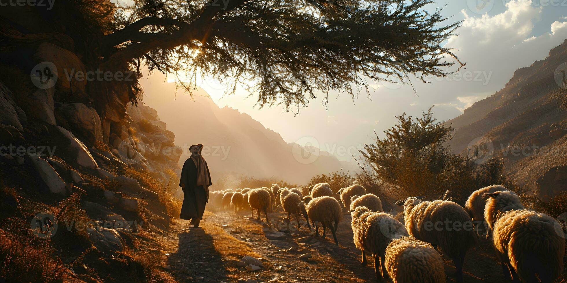 ai generado un medio oriental hombre manadas un rebaño de oveja en un Desierto Valle a puesta de sol. generativo ai foto