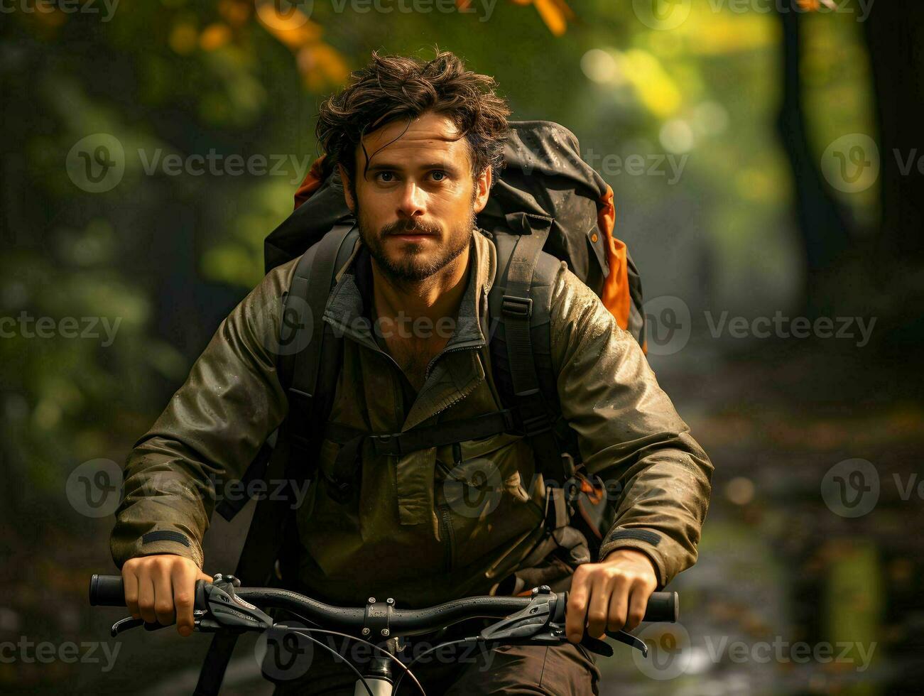 AI generated A Masculine Man Travels on His Bicycle. Generative Ai photo