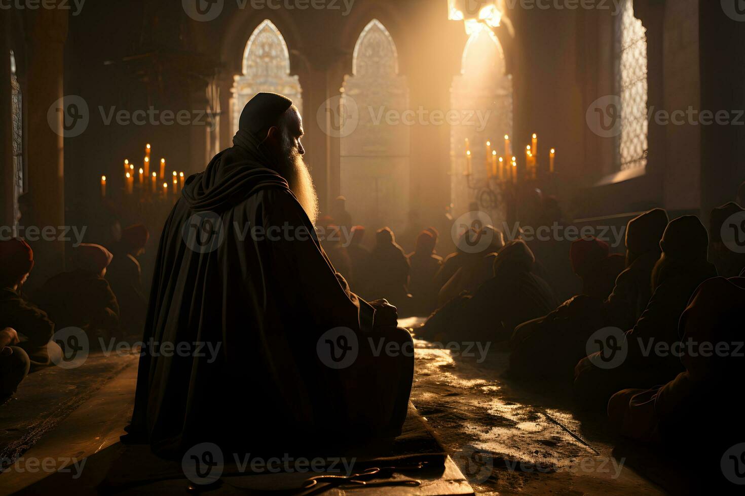 AI generated Islamic Imam Conducts a Sermon at the Mosque. Muslim Imam Preaching to the People in the Mosque. Generative Ai photo
