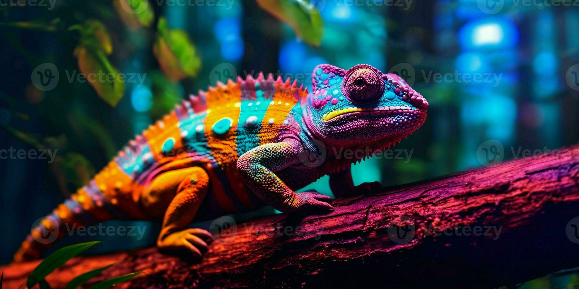 AI generated Colorful Chameleon Perched on a Tree Branch with Vibrant Neon Light Effect. Digital Art. Generative AI photo