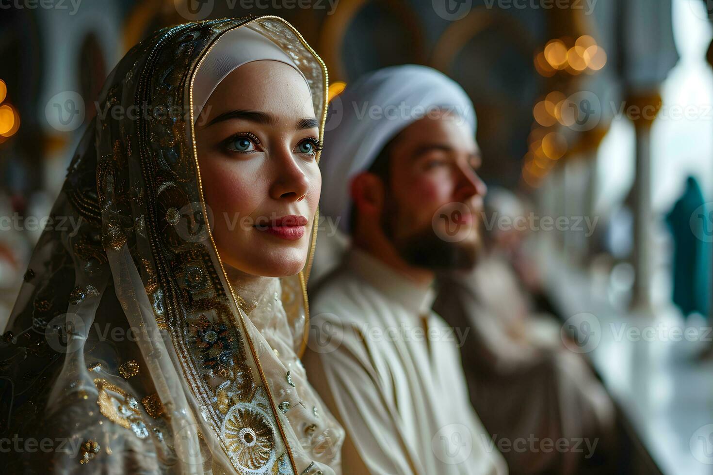 AI generated Muslim couple sitting in a mosque in traditional dress. Generative Ai photo