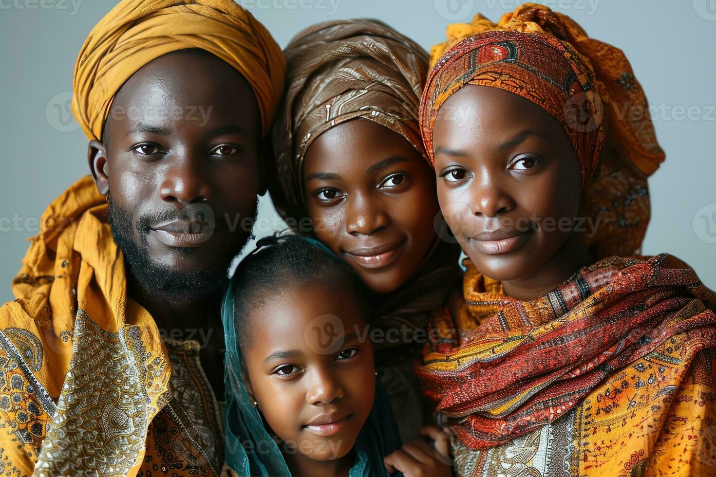 AI generated Portrait of a Happy African Muslim Family in Traditional Clothes. Generative AI photo