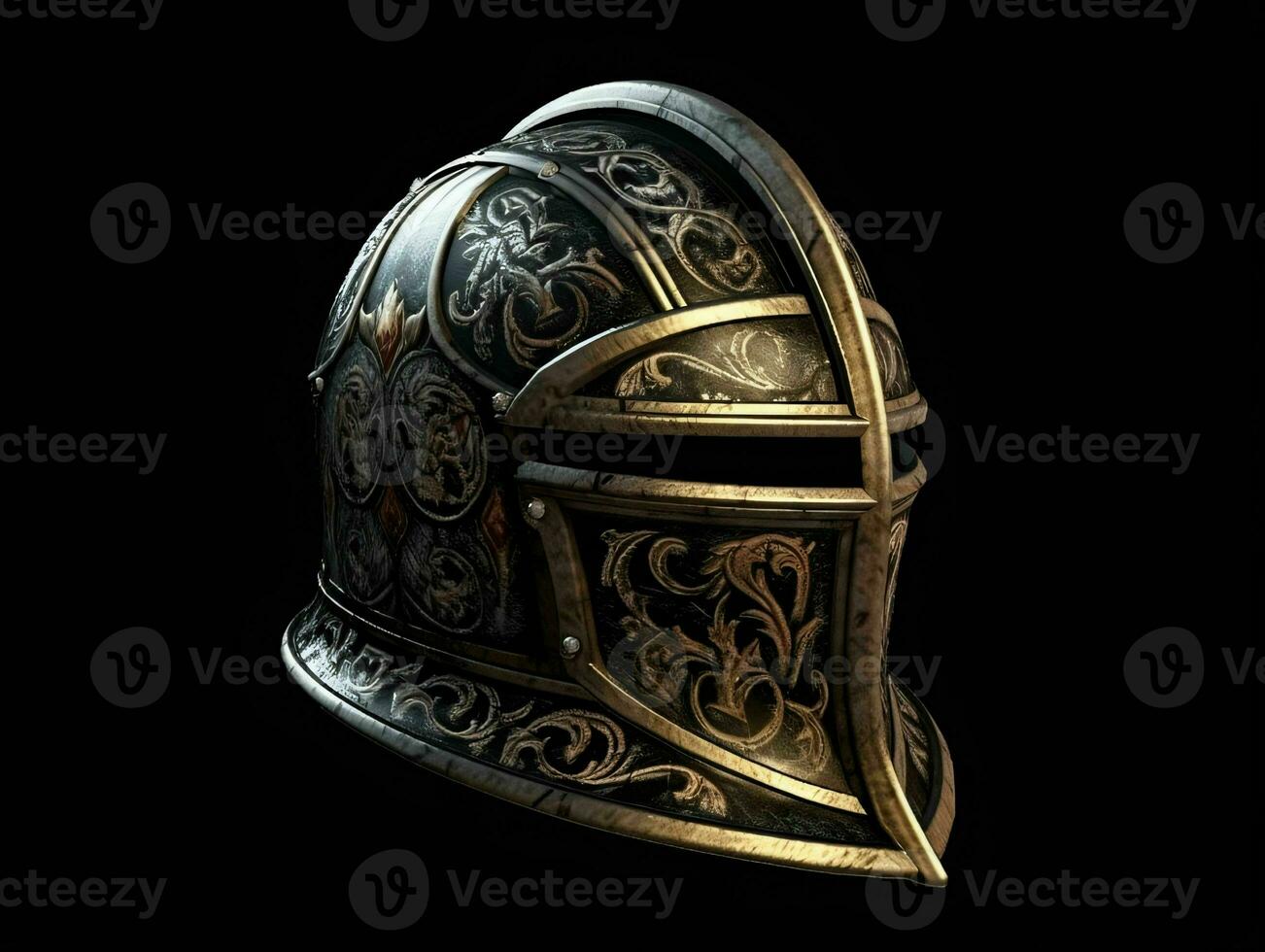 AI generated Iron Medieval War Helmet Isolated on Black Background. Generative AI photo