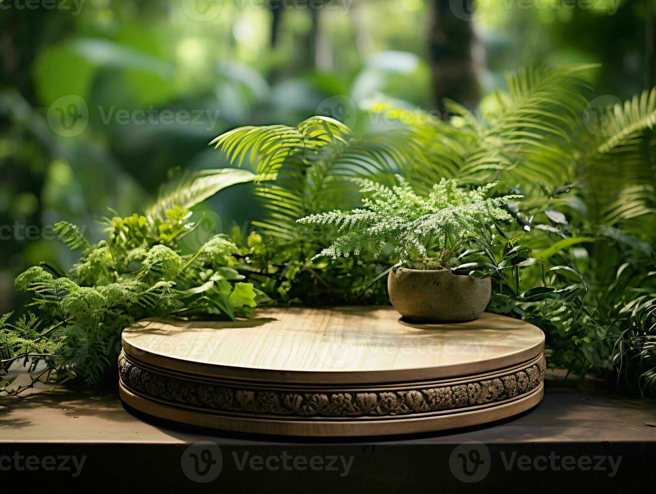 AI generated Wooden Product Display Podium with Nature Background. Natural Product Placement Pedestal Stand. Generative AI photo