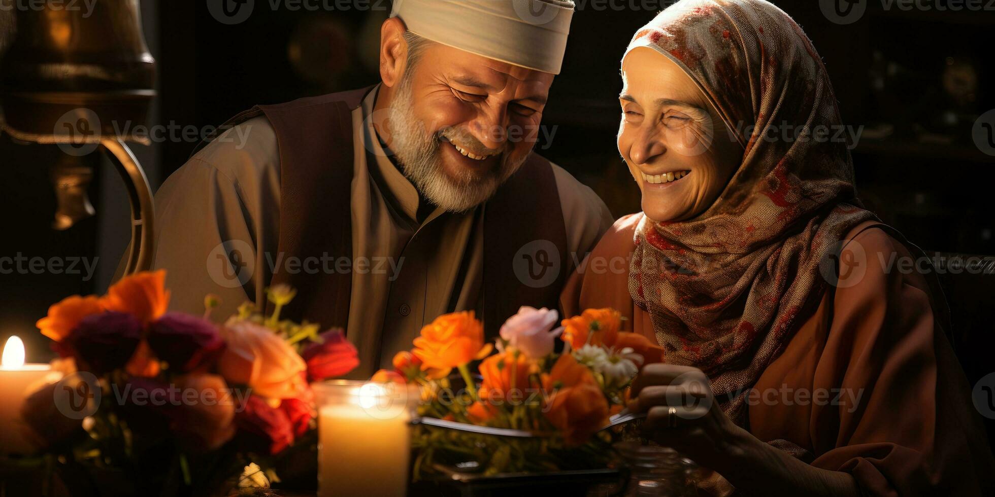 AI generated Happy and Romantic Old Muslim Couple. Generative Ai photo