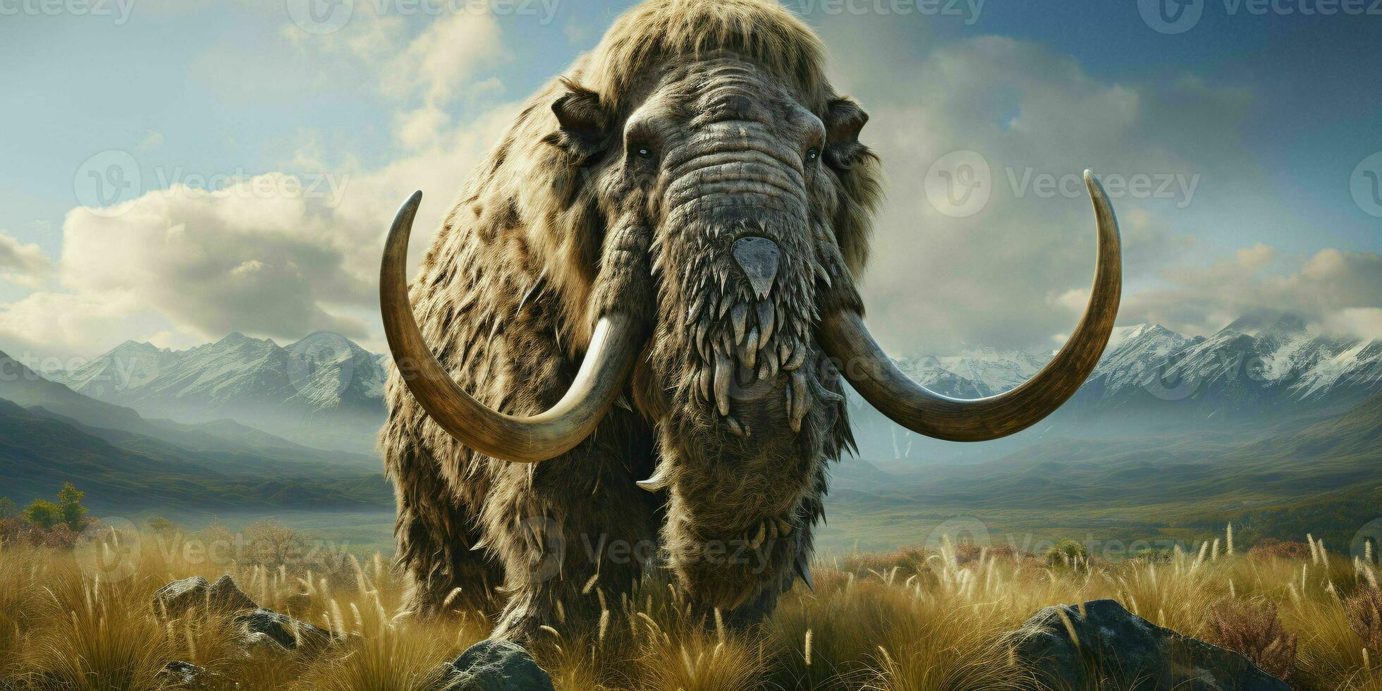 AI generated A Woolly Mammoth with Vast Pastures and Mountains Background. Generative AI photo