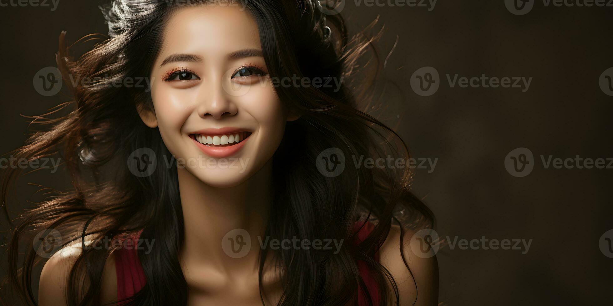 AI generated Portrait of a Smiling Long Haired and Young Asian Woman with Copy Space Background, for Beauty, Fashion, Skincare or Cosmetic Products. Generative Ai photo