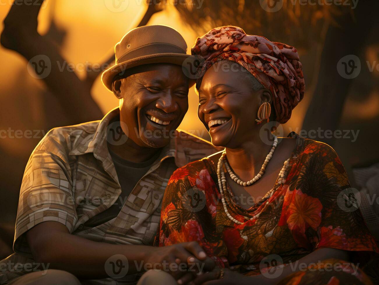 AI generated Romantic Elderly African Couple Embracing Each Other with Sunset View. Generative Ai photo