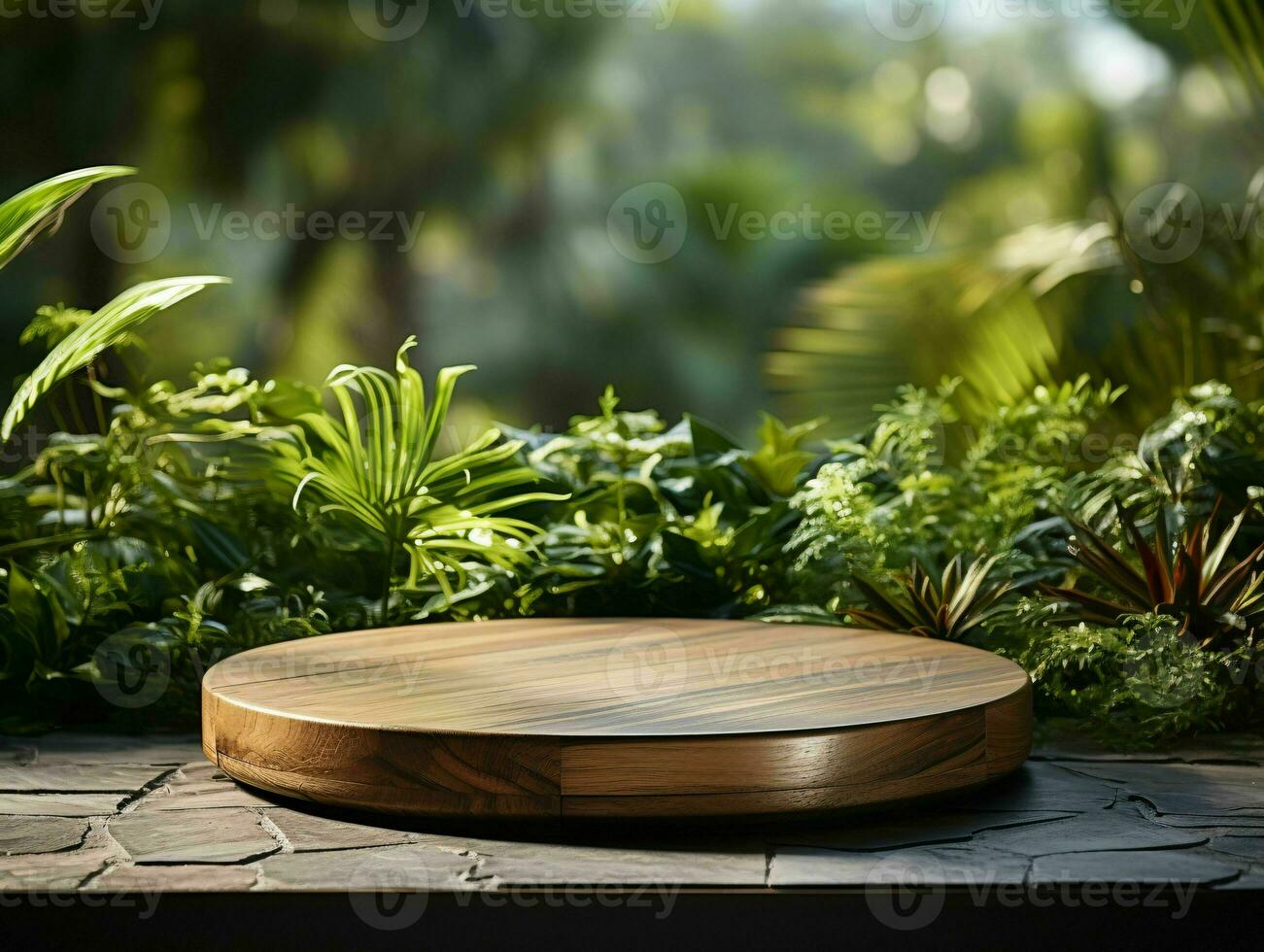 AI generated Wooden Product Display Podium with Nature Background. Natural Product Placement Pedestal Stand. Generative AI photo