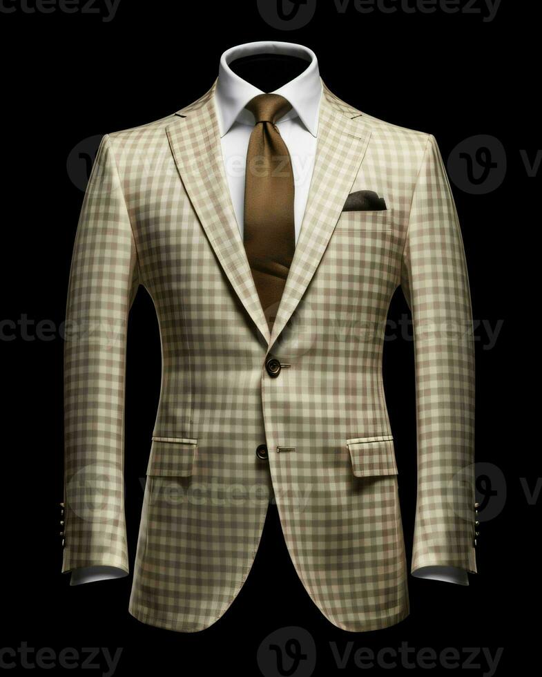 AI generated Elegant Beige Men's Suit with Gingham Motif Isolated on Black Background. Generative AI photo