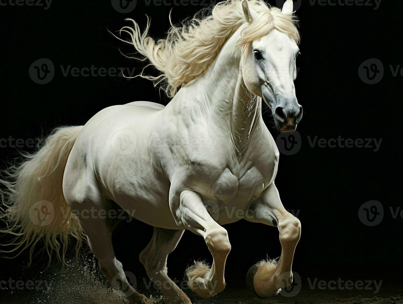 AI generated Strong White Horse Galloping with Water Splashes on Black Background. Generative AI photo