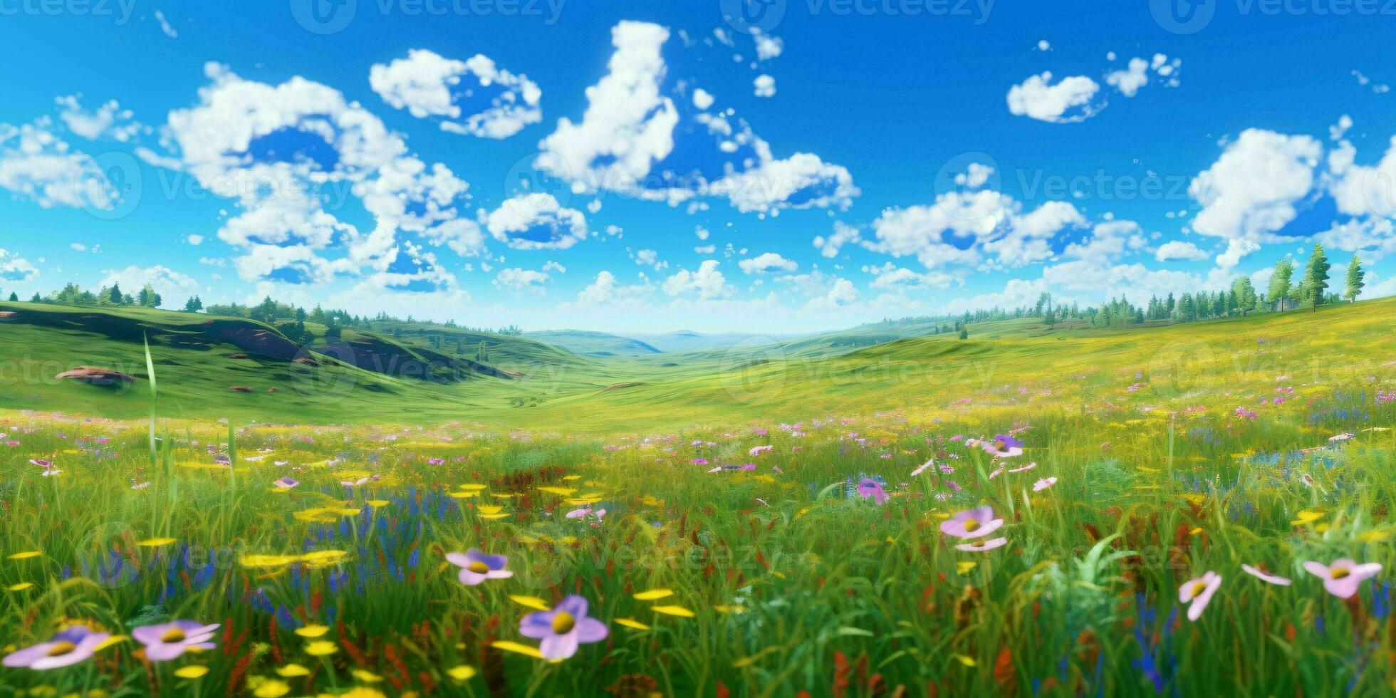 AI generated Beautiful Flowers Meadow Landscape. Flower Field. Generative AI photo