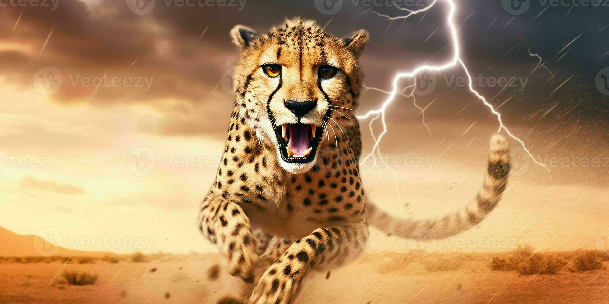 AI generated A Cheetah Sprinting in the Desert with Thunderstorm Behind. Generative AI photo