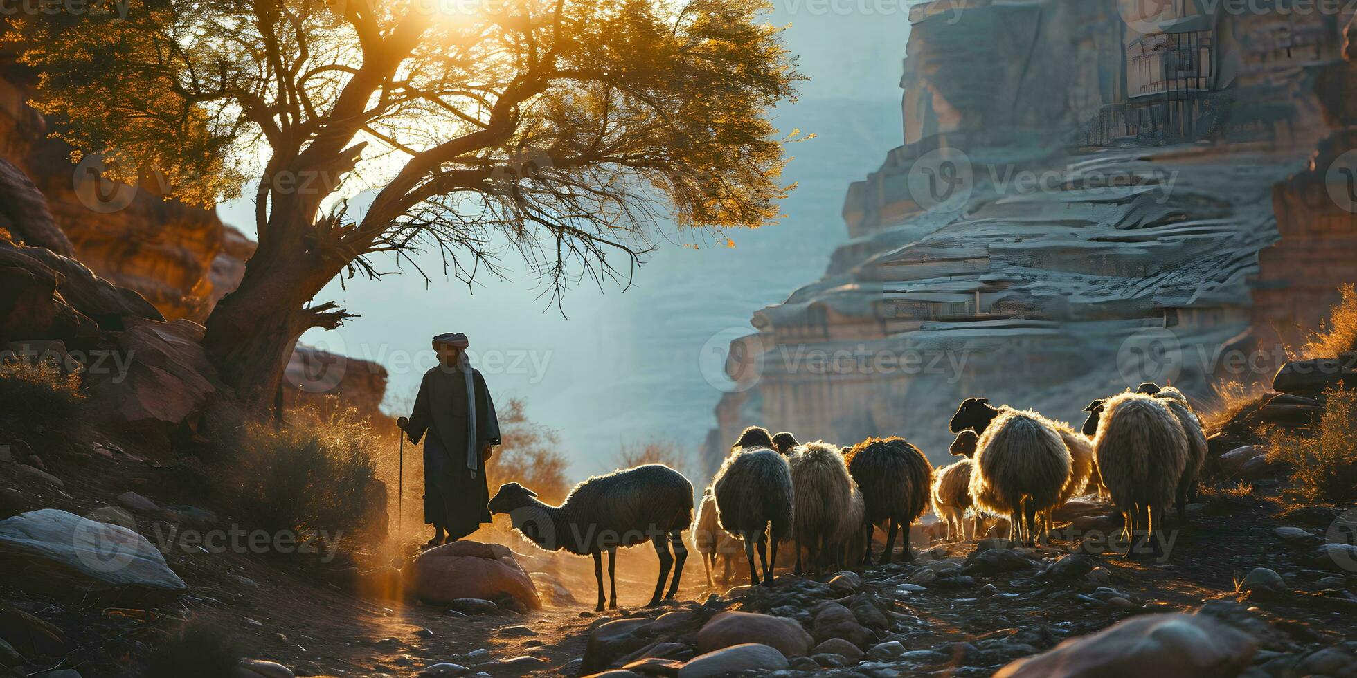 ai generado un medio oriental hombre manadas un rebaño de oveja en un Desierto Valle a puesta de sol. generativo ai foto