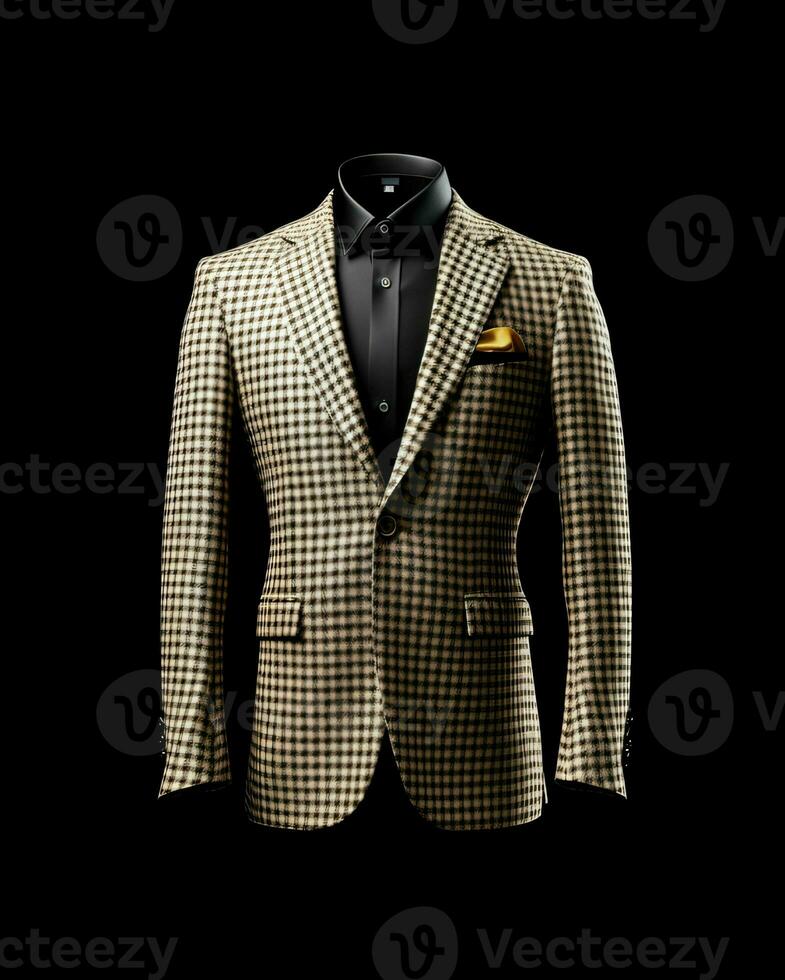 AI generated Elegant Beige Men's Suit with Gingham Motif Isolated on Black Background. Generative AI photo