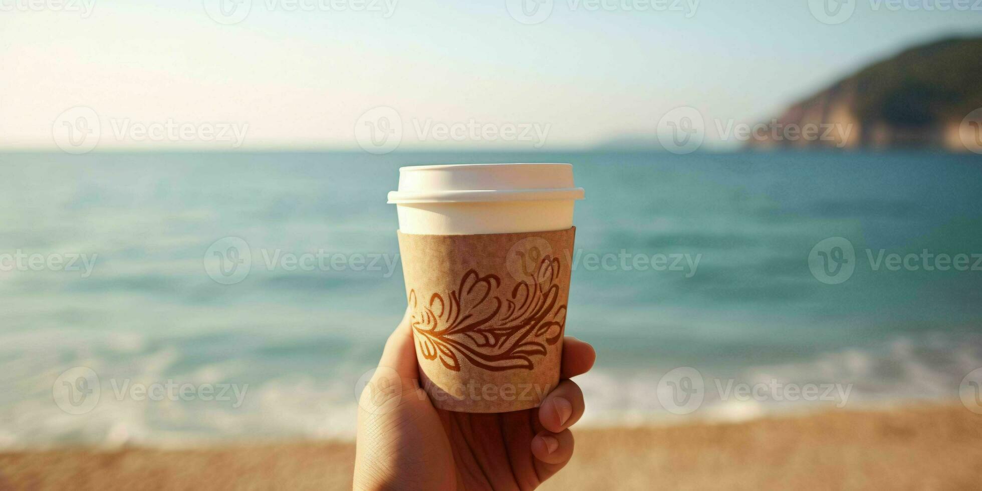 AI generated A Person Hand Holding a Paper Coffee Cup with Beach View. Generative AI photo