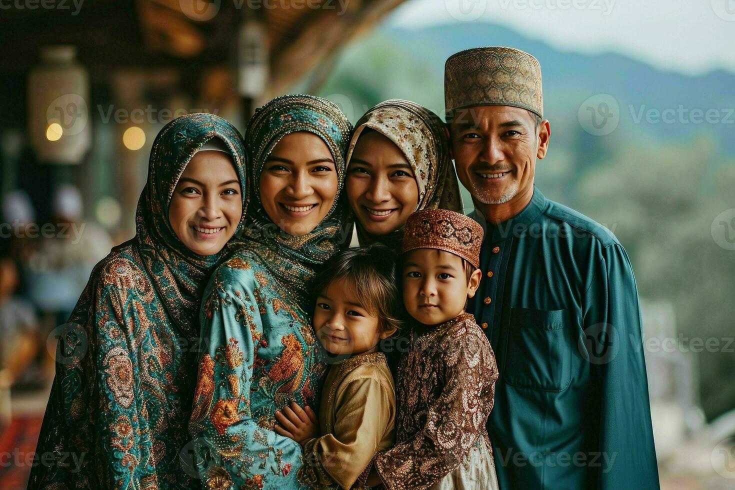 AI generated Portrait of a Happy Asian Muslim Family in Traditional Clothes. Generative AI photo