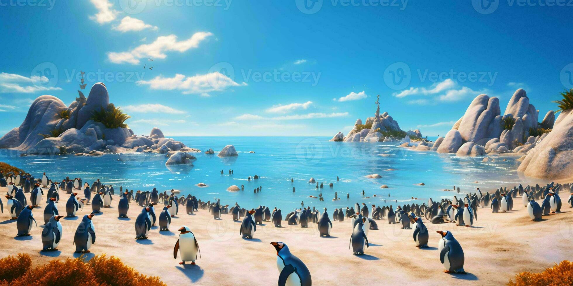 AI generated Penguin Colony on the Beach with Beautiful landscape View. Generative AI photo
