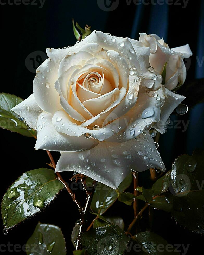 AI generated Blooming White Rose with Water Droplets on it Isolated on Black Background. Rose Close Up. Generative AI photo
