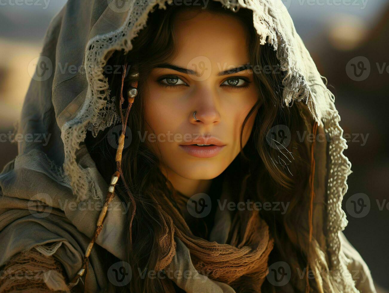 AI generated Portrait of Beautiful Veiled Arab Women with Desert Background. Close up of Middle Eastern Women with Beautiful Eyes. Generative AI photo