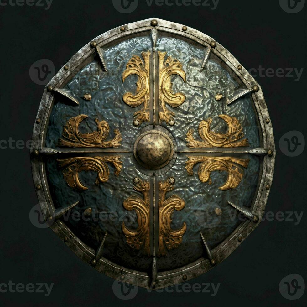 AI generated Rusty Medieval Shield with War Torn Effect Isolated on Black Background. Generative AI photo