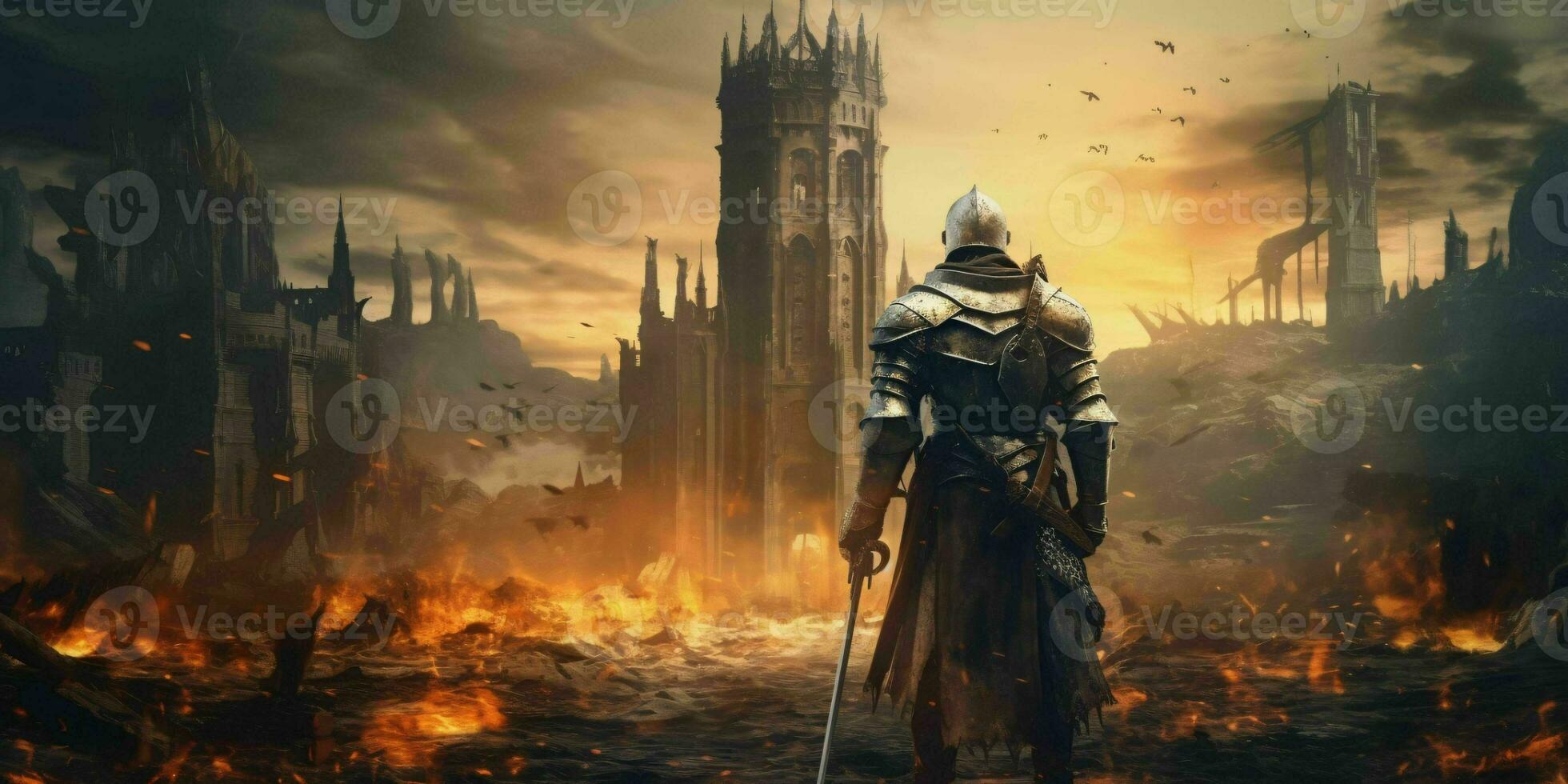 AI generated Armored Medieval Warrior in Front of a Ruined Castle. Knight in Armor. Generative AI photo