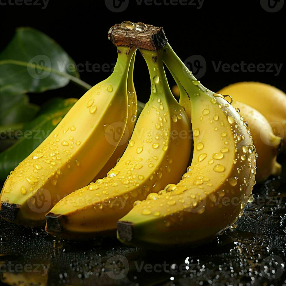 AI generated Fresh Bananas with Water Droplets. Bunch of Banana Isolated on Black Background. Generative AI photo