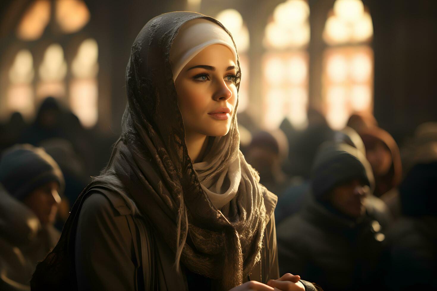 AI generated Beautiful Muslim woman in hijab sits in mosque, listening to sermon, Generative Ai photo